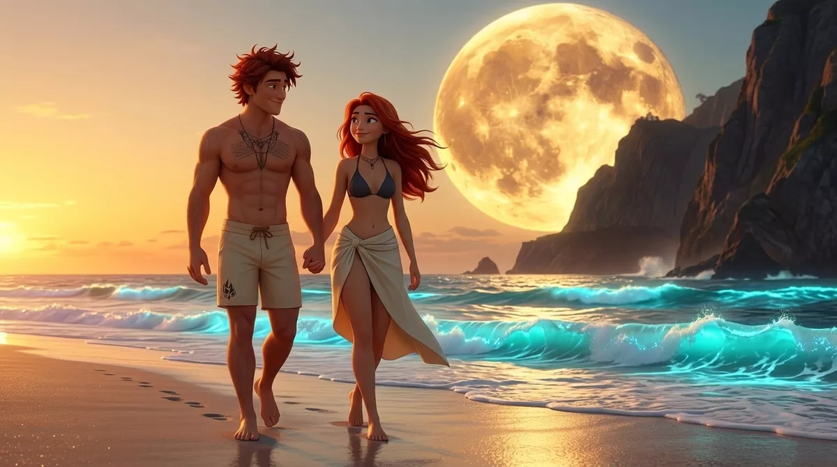 The Lord of Water and Mila walking hand in hand along a glowing turquoise shore at sunset, golden-red hair in the evening light, a huge golden moon rising behind them
