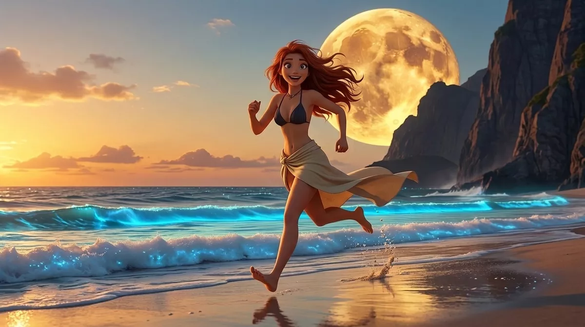 Mila running barefoot along the shore at sunset, long wavy golden-red hair flying, glowing surf behind her and a huge golden moon above the cliffs